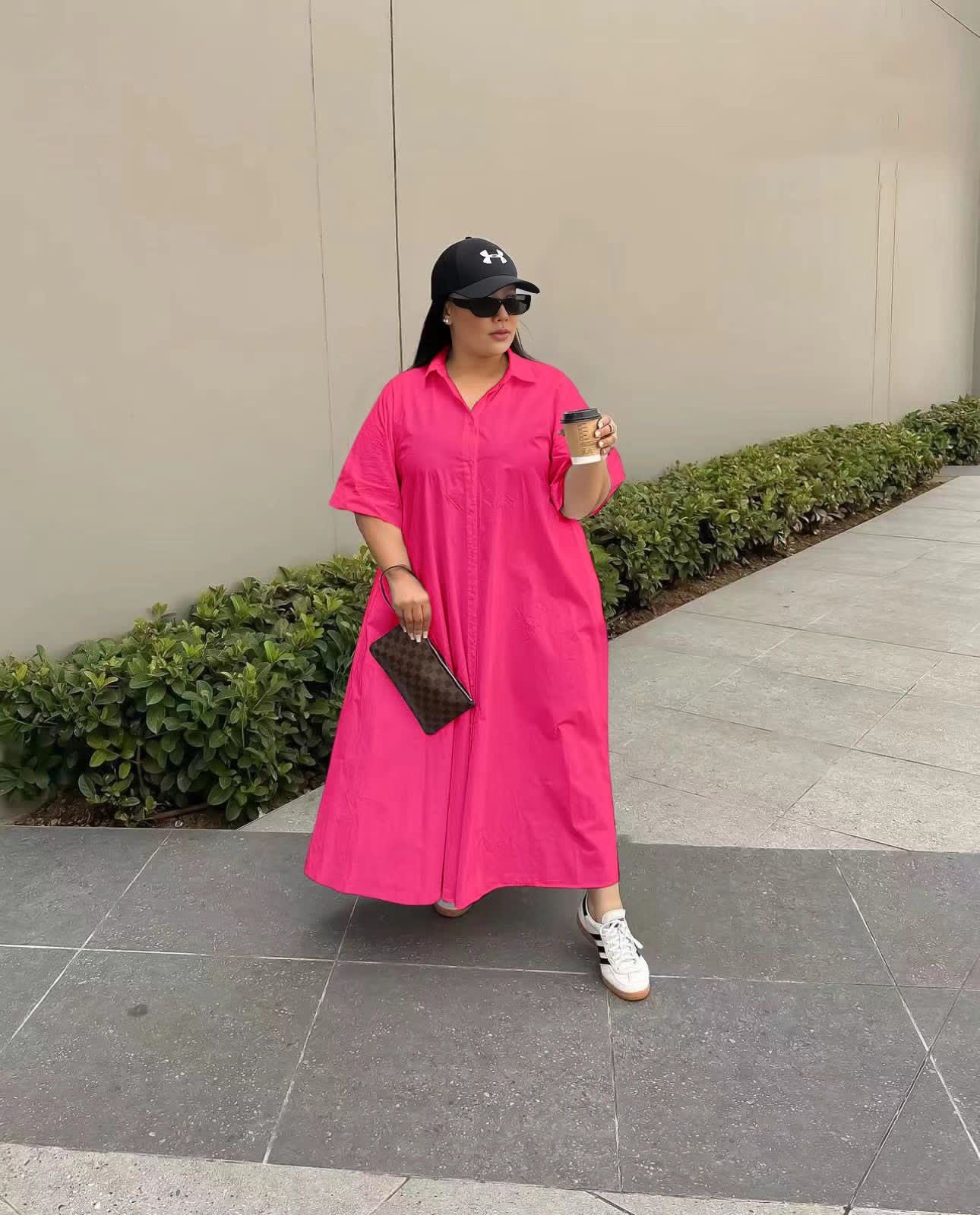 Deep pink shirt dress maxi with short sleeves and button front