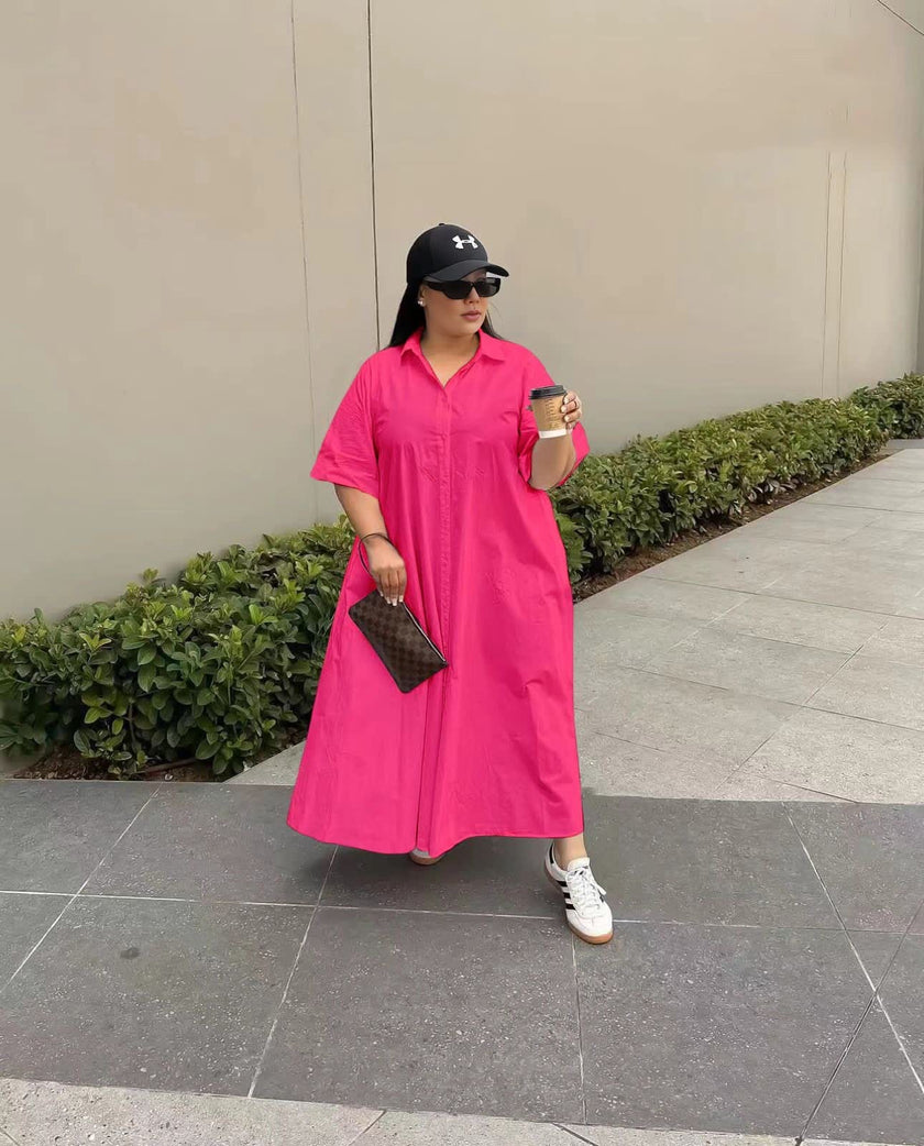 Deep pink shirt dress maxi with short sleeves and button front