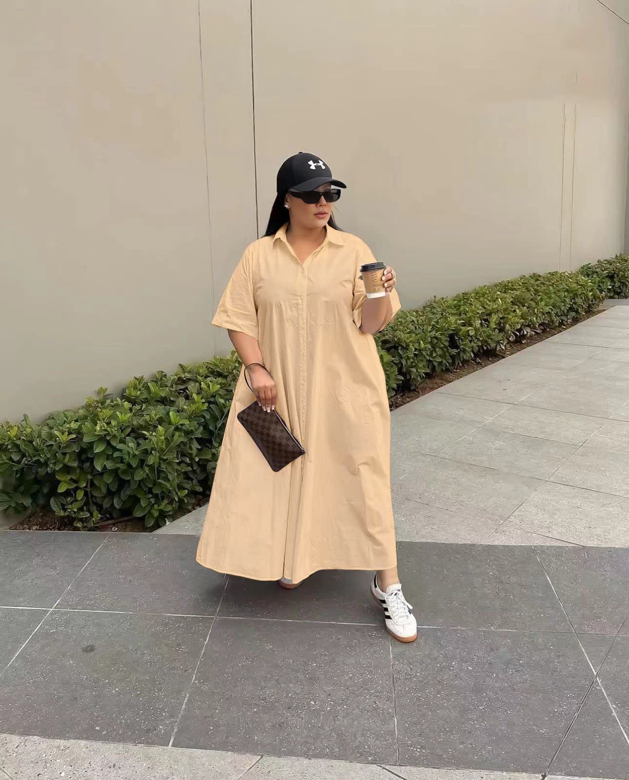 Beige shirt dress maxi with short sleeves and button front