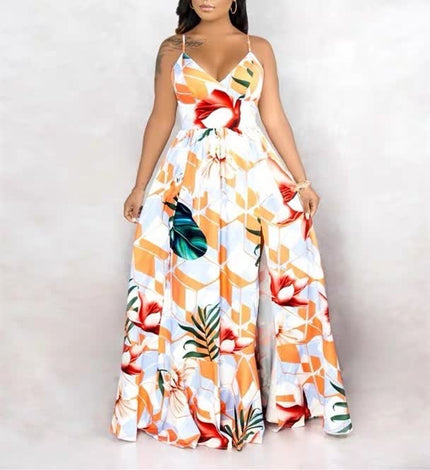 Sleeveless V-neck maxi dress with colorful floral geometric print
