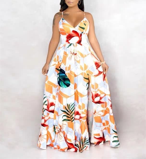 Floral geometric maxi dress, sleeveless V-neck, orange and white with red and green print