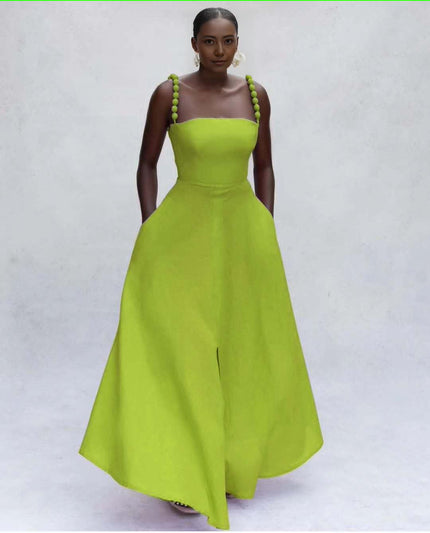 Lime green maxi dress with square neckline, pom-pom strap ties, flared skirt