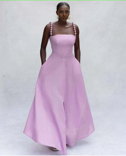 Lavender maxi dress with square neckline, pom-pom straps, flared gathered skirt