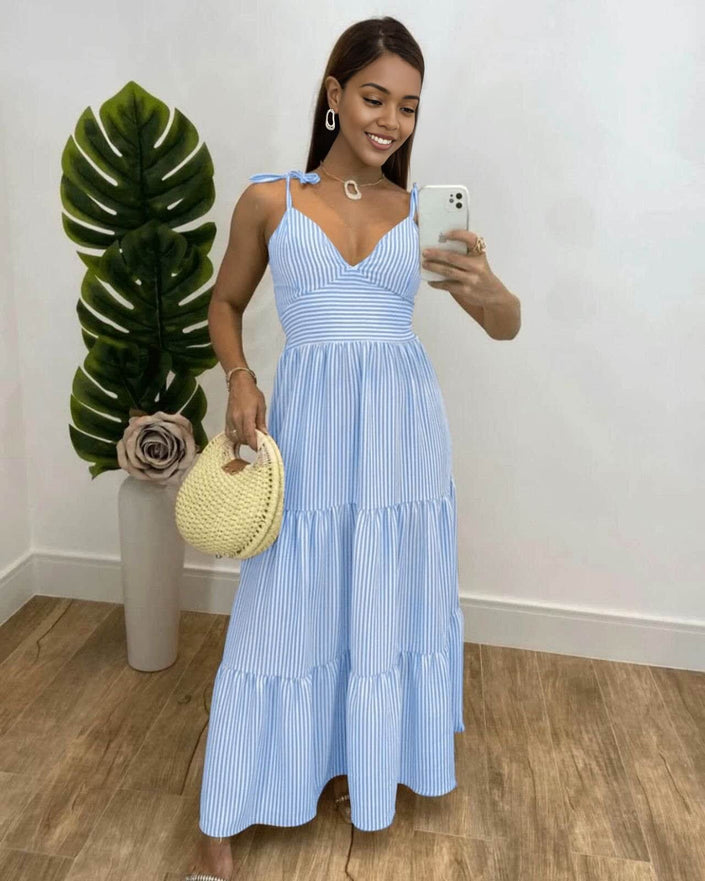 Sky-blue striped maxi dress with tie shoulders and tiered skirt