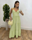 Mint-green striped maxi dress with tie shoulders and tiered skirt