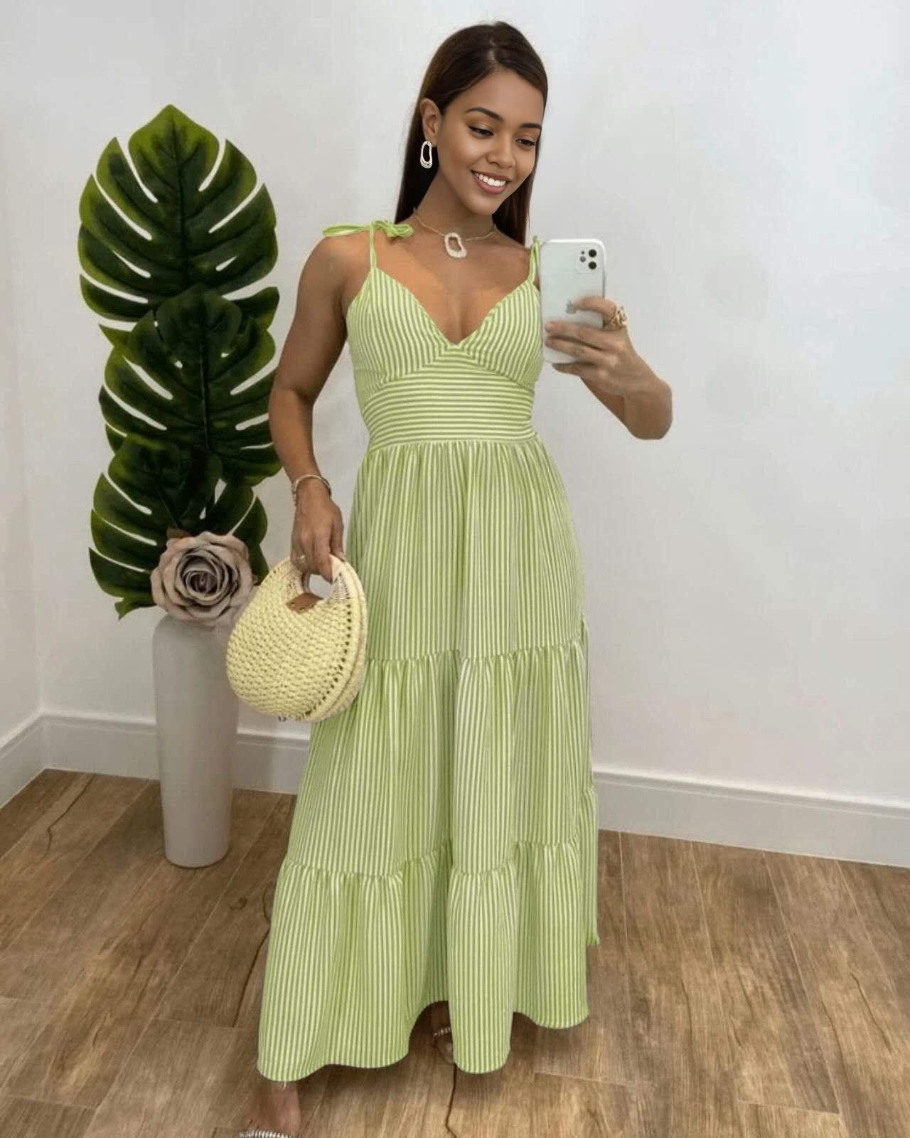 Mint-green striped maxi dress with tie shoulders and tiered skirt