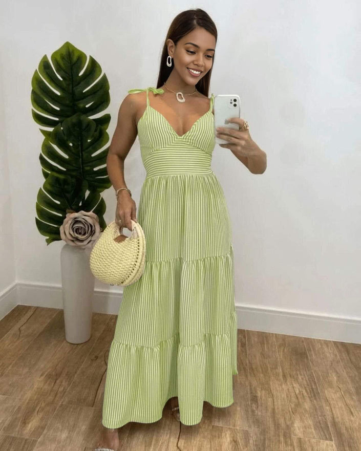 Mint-green striped maxi dress with tie shoulders and tiered skirt