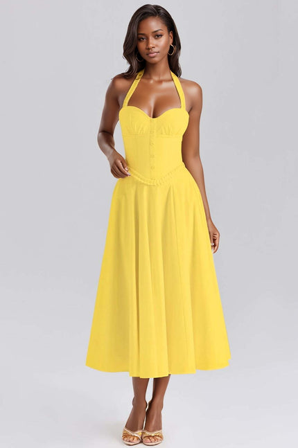 Yellow sleeveless A-line midi dress with bustier bodice and spaghetti straps