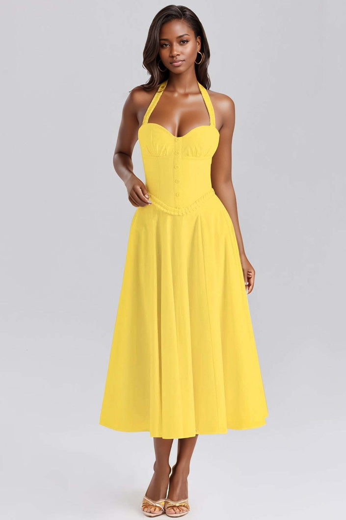 Yellow sleeveless A-line midi dress with bustier bodice and spaghetti straps
