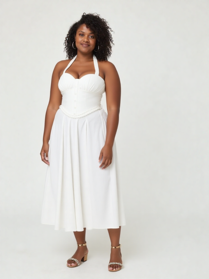 White sleeveless A-line midi dress with sweetheart neckline and corset-style seams