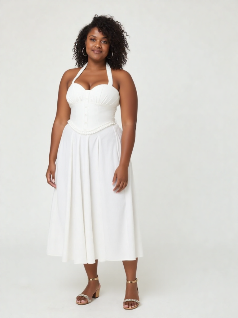 White sleeveless A-line midi dress with sweetheart neckline and corset-style seams