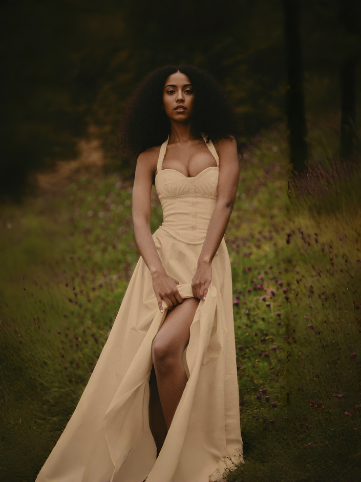 Tan sleeveless A-line midi dress with corset-style bodice and spaghetti straps
