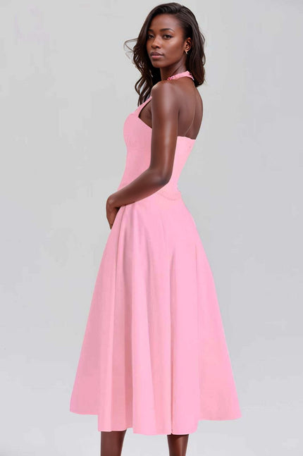 Pink sleeveless A-line midi dress with sweetheart neckline and thin shoulder straps