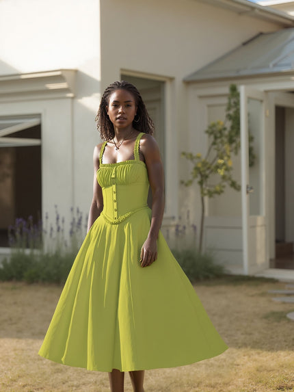 Lime green sleeveless A-line midi dress with gathered waist and thin straps