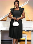 Black midi pleated dress with puff ruffle sleeves and square neckline