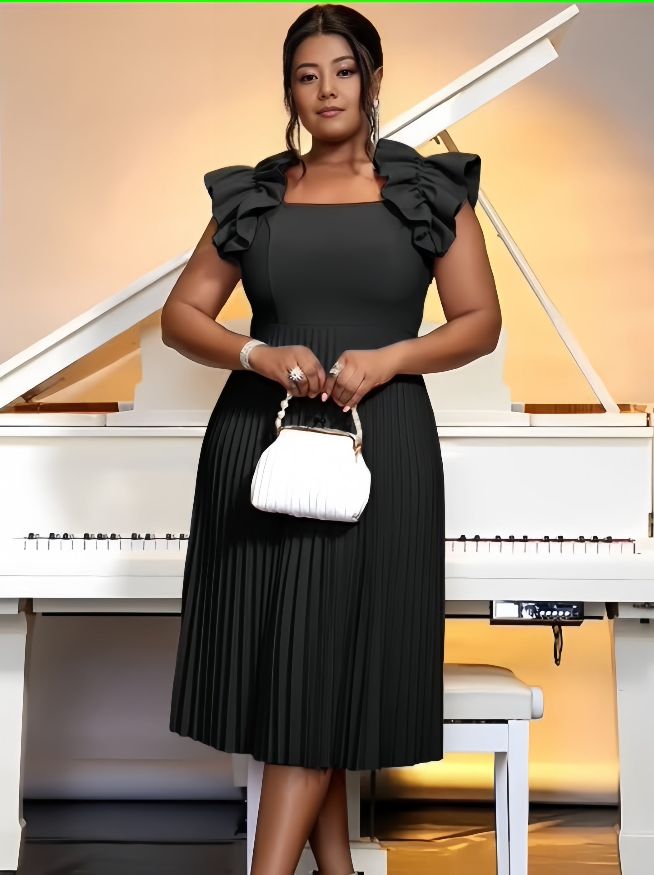 Black midi pleated dress with puff ruffle sleeves and square neckline