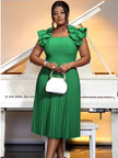 Green midi pleated dress with puff ruffle sleeves and square neckline