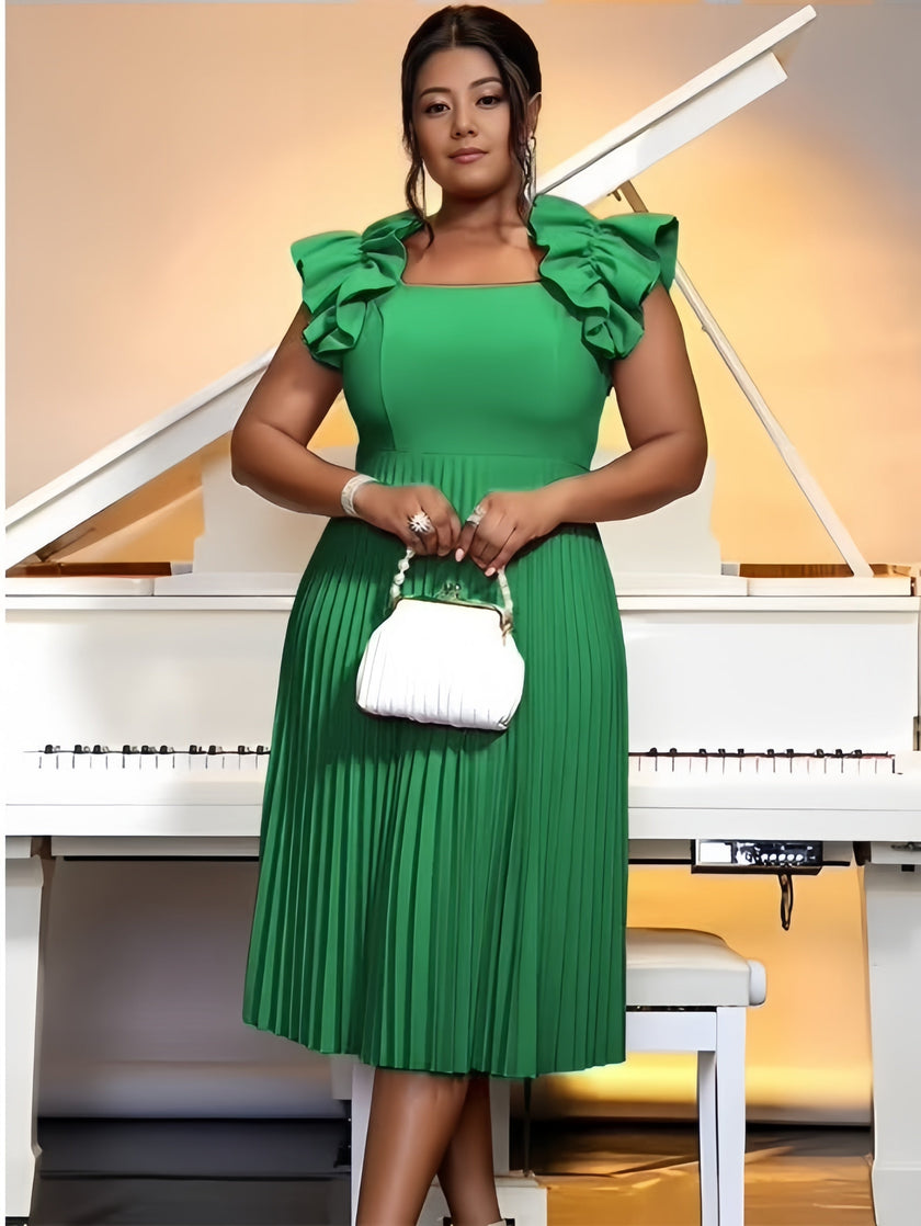 Green midi pleated dress with puff ruffle sleeves and square neckline