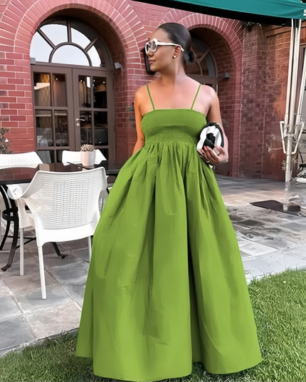 Lime-green pleated A-line maxi dress with spaghetti straps, sleeveless bodice gathers
