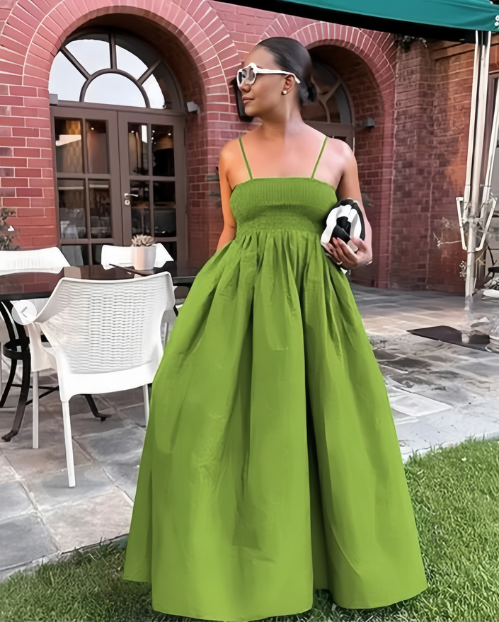 Lime-green pleated A-line maxi dress with spaghetti straps, sleeveless bodice gathers