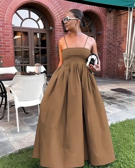 Peru pleated maxi dress with spaghetti straps, sleeveless, gathered skirt