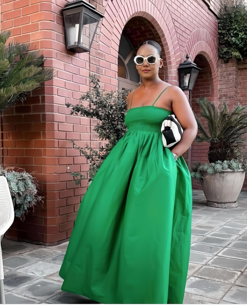 Lime-green pleated maxi dress with spaghetti straps, sleeveless, gathered bodice