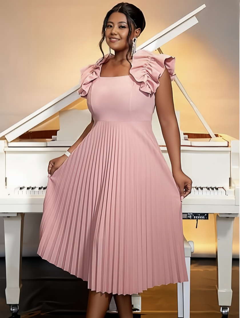 Light pink midi pleated dress with puff ruffle sleeves and square neckline