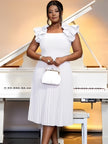 White midi pleated dress with puff ruffle sleeves and square neckline