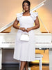 White pleated midi dress with ruffle puff sleeves and square neckline