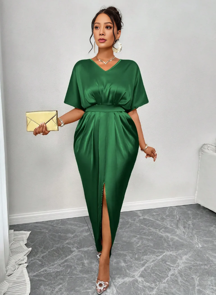 Forest-green satin midi dress with V-neck, short sleeves, gathered high waist and front slit