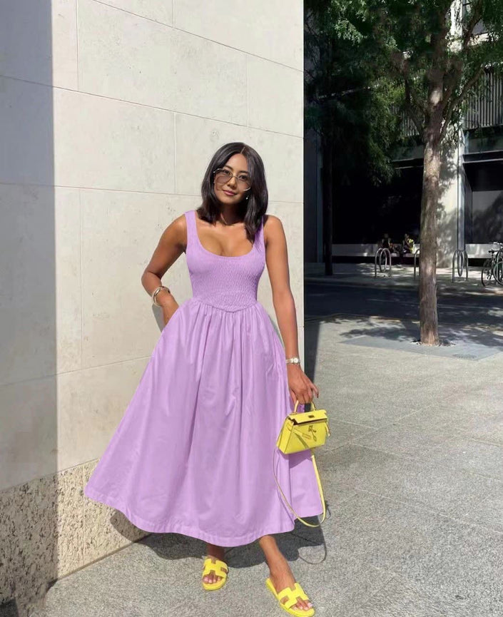 Light-purple sleeveless midi dress with square neckline and flared skirt.