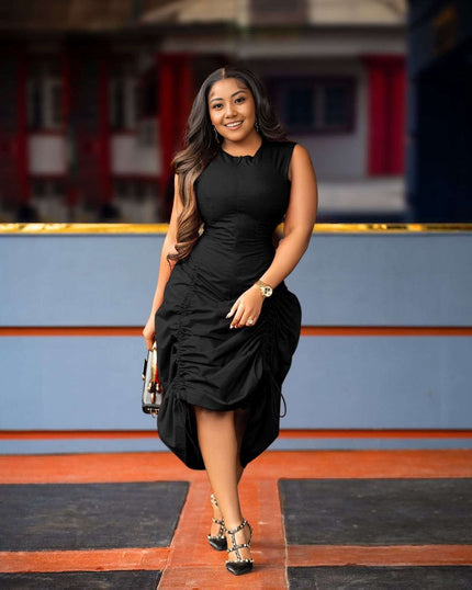 Ruched sleeveless midi dress, black with gathered waist and ruched skirt