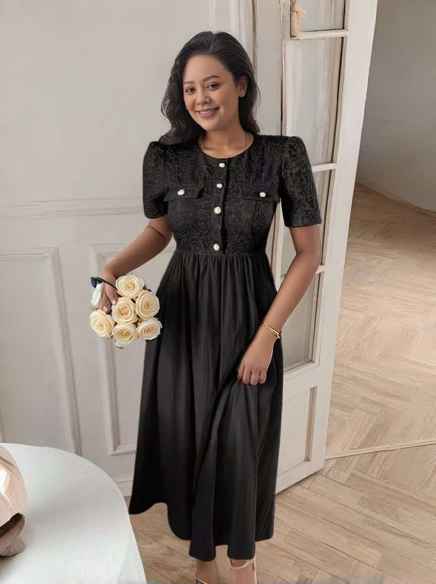 Black textured midi dress with puff sleeves, button front and A-line skirt