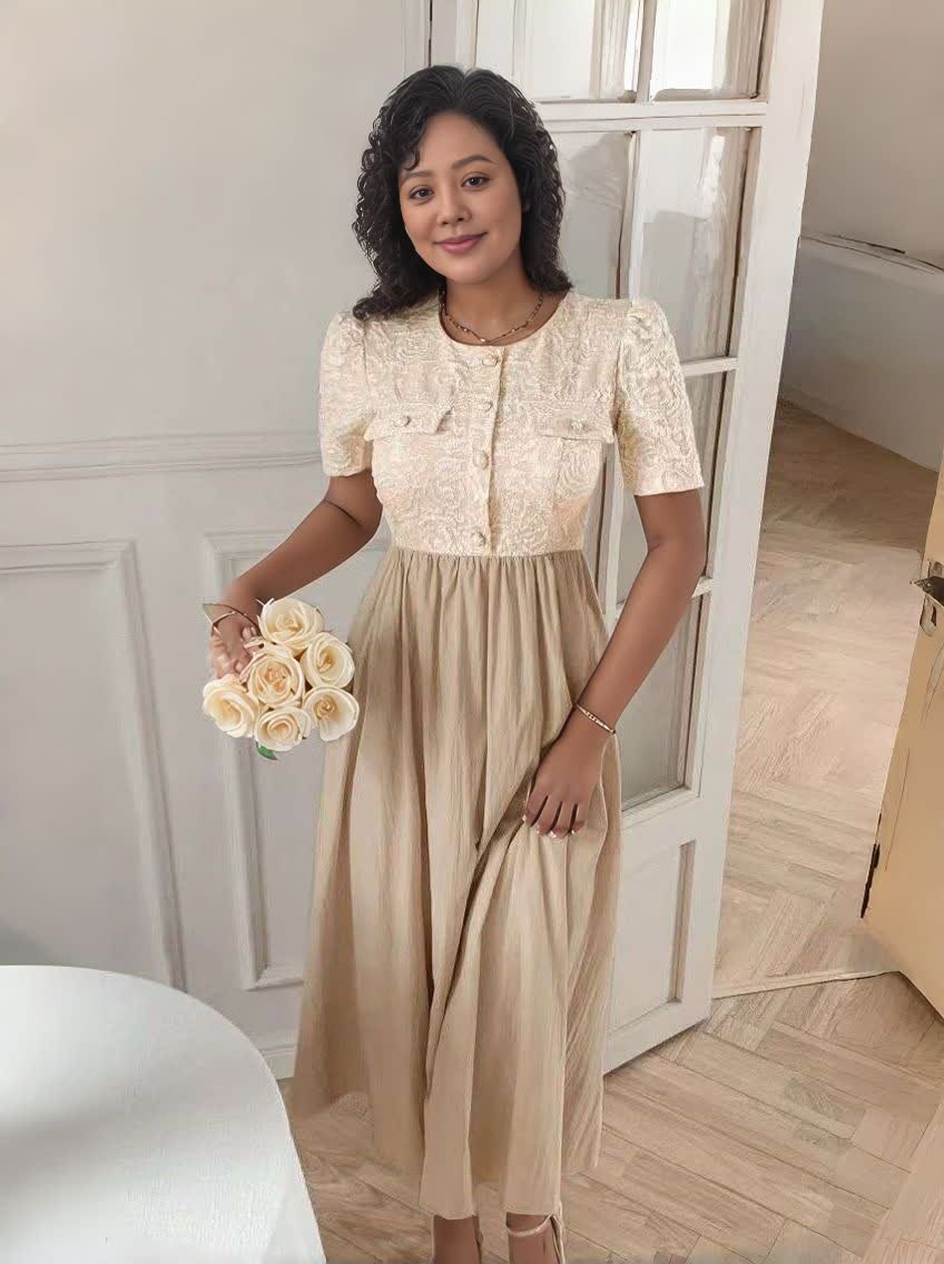 Beige textured midi dress with puff sleeves, button front and A-line skirt