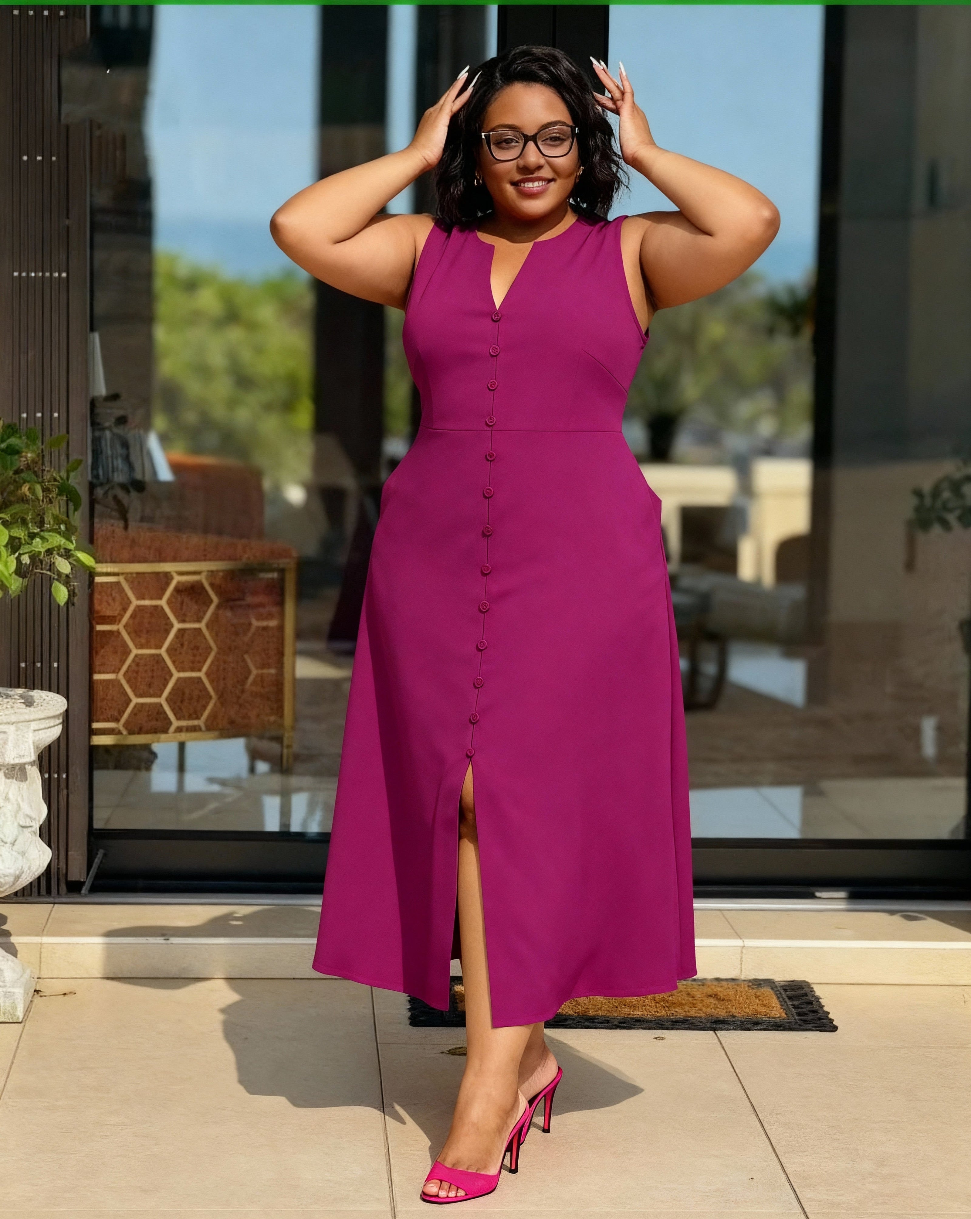 Magenta sleeveless A-line midi dress with V-neck, button front, and side slit