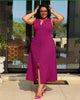 Magenta sleeveless A-line midi dress with V-neck, button front, and side slit