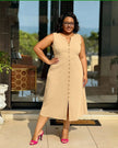 Tan sleeveless A-line midi dress with V-neck and button front, side slit