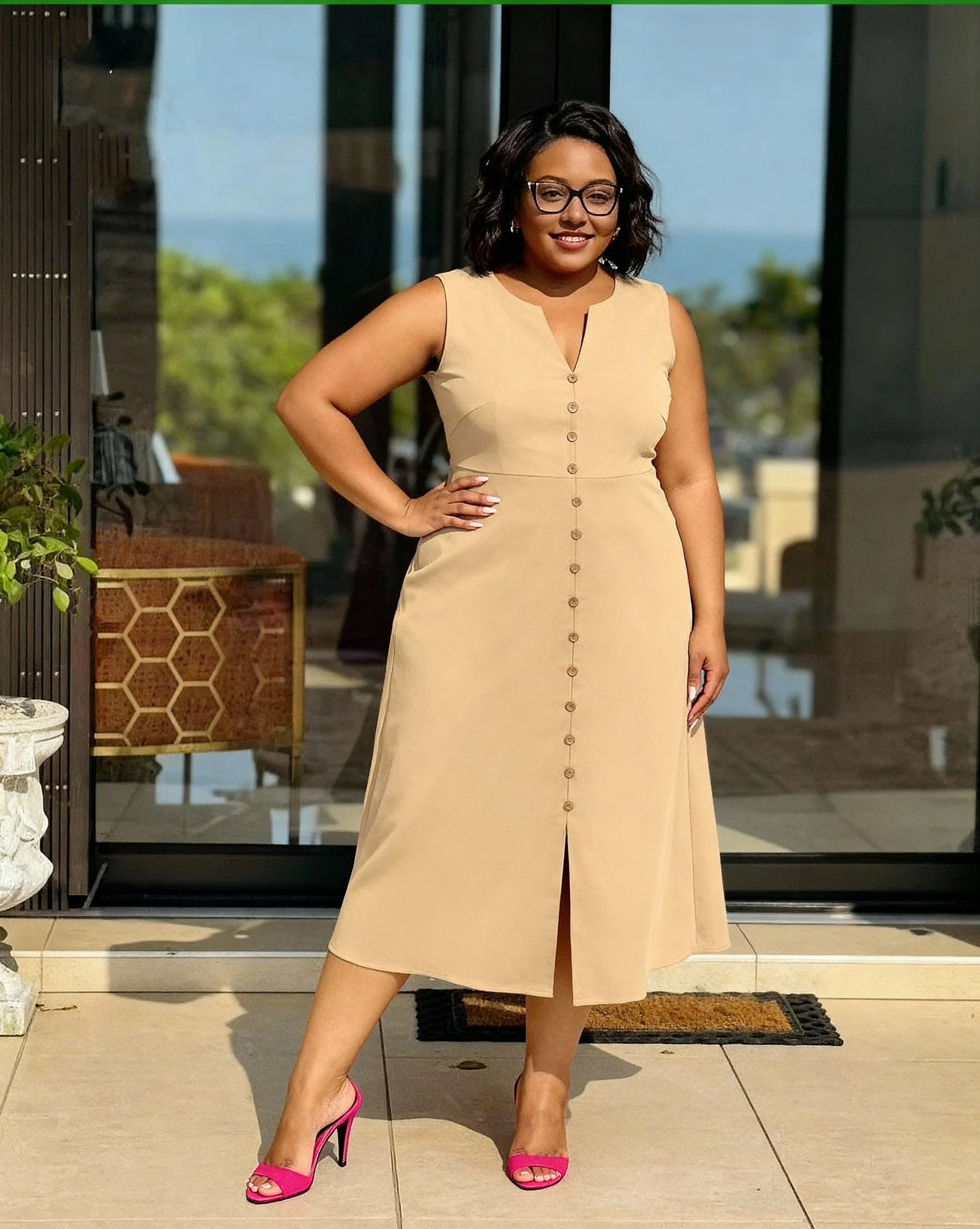 Tan sleeveless A-line midi dress with V-neck and button front, side slit