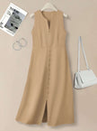 Tan sleeveless A-line midi dress with V-neck and button front, side slit