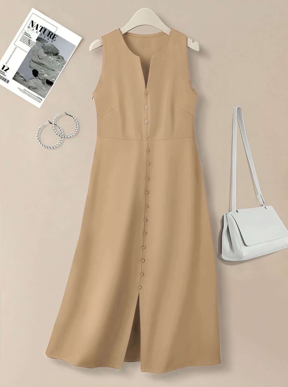Tan sleeveless A-line midi dress with V-neck and button front, side slit