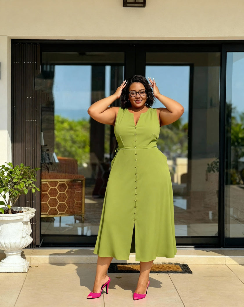 Yellow-green sleeveless A-line midi dress with V-neck, button front, side slit