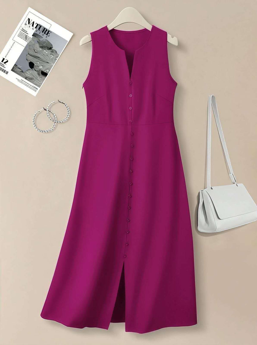 Magenta sleeveless A-line midi dress with V-neck and button front, side slit