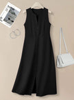 Black sleeveless A-line midi dress with V-neck, button front, and side slit