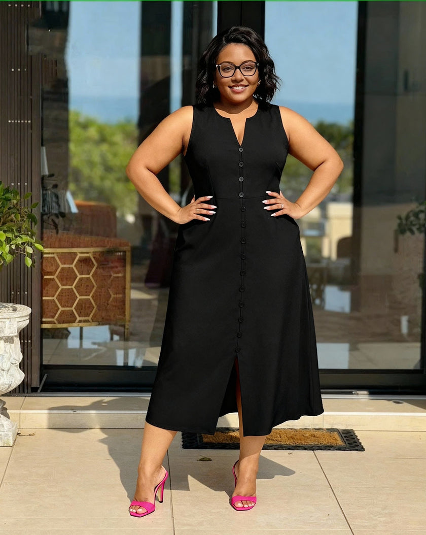 Black sleeveless A-line midi dress with V-neck, button front, and side slit