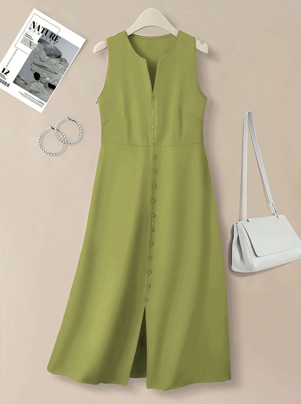 Yellow-green sleeveless A-line midi dress with V-neck and button front, side slit
