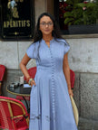 Light blue mandarin-collar maxi dress with short sleeves and button-front panel
