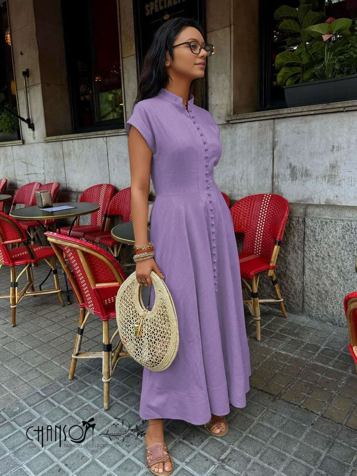 Lavender mandarin-collar maxi dress with short sleeves and button-front placket