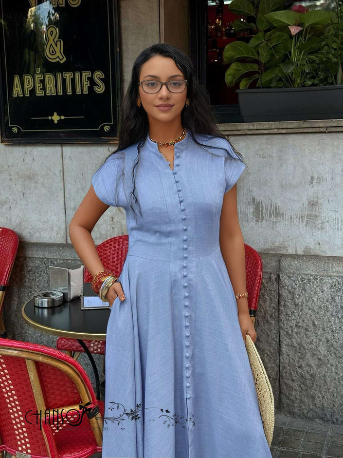Light blue mandarin-collar maxi dress with short sleeves and button-front panel