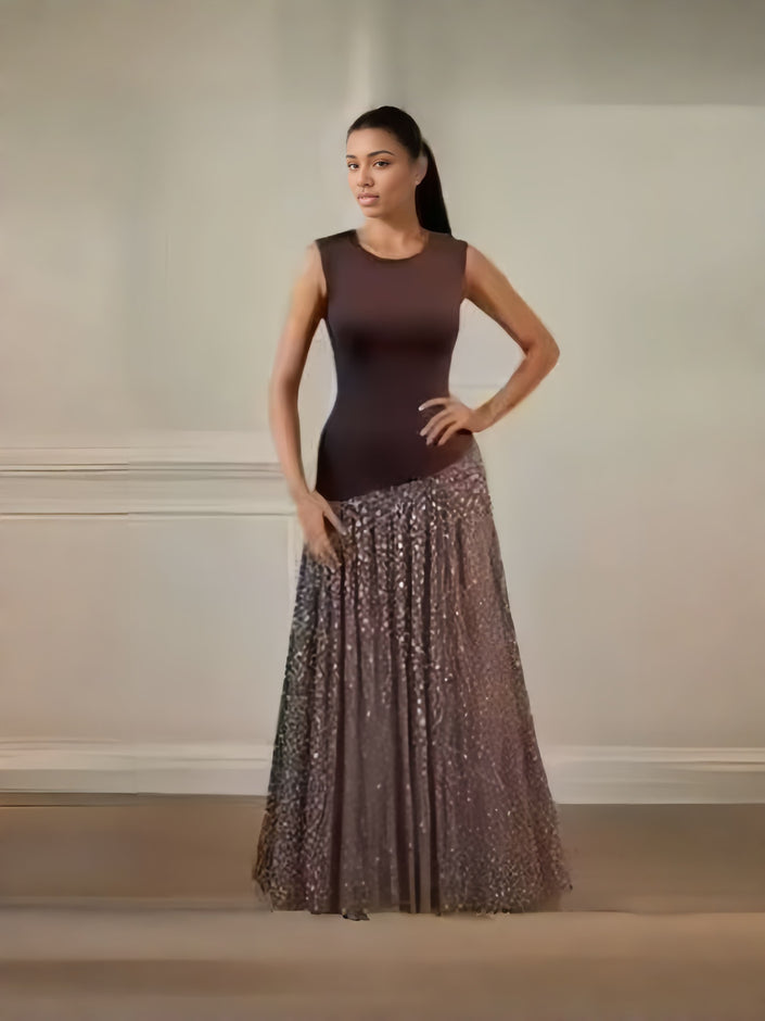 Sleeveless maxi dress with brown fitted top and mauve sparkly floral mesh skirt