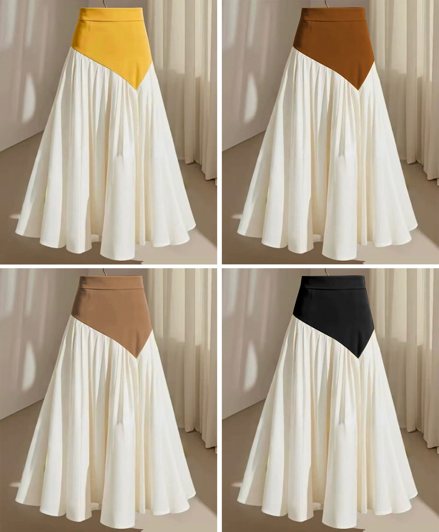 Color-block triangular high-waist maxi skirt with flared pleated hem